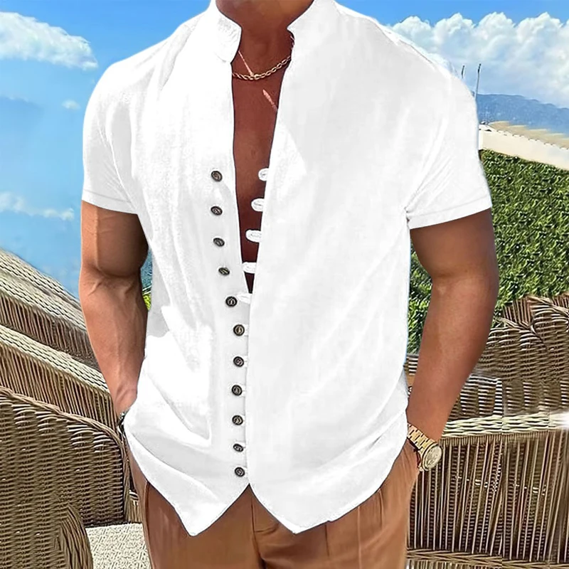 

Summer Short Sleeve Shirts For Men White Formal Shirt Social Dress Shirts Casual Cotton Linen Tops Beach Blouses Man Clothing