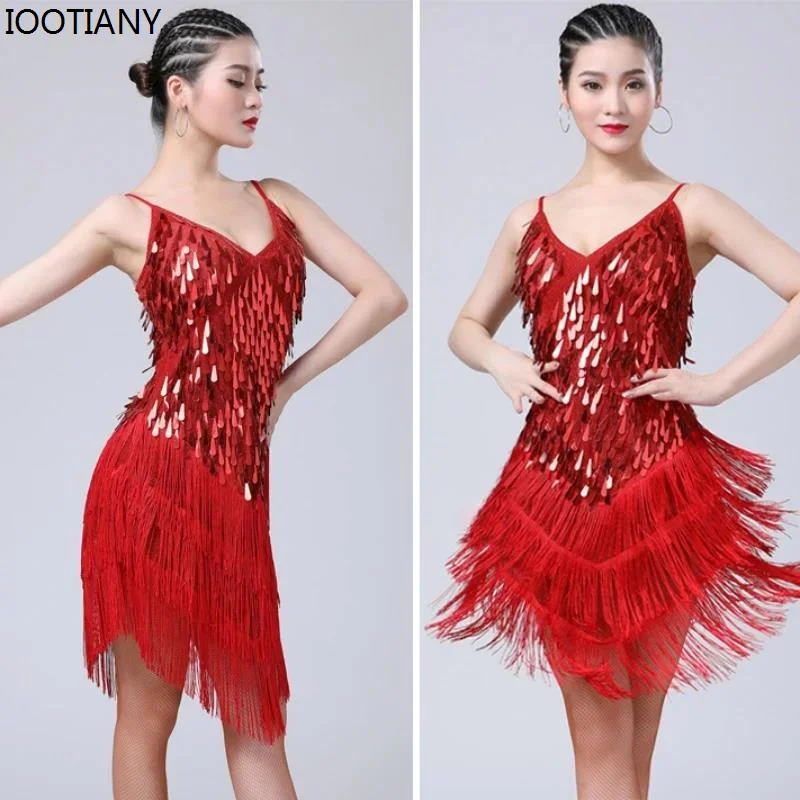 

CosplayWomen's Suspender Shiny Sequined Tassel Skirt Gown Rhythm Ballroom Salsa Samba Rumba Tango Latin Dance Dress Stage Party
