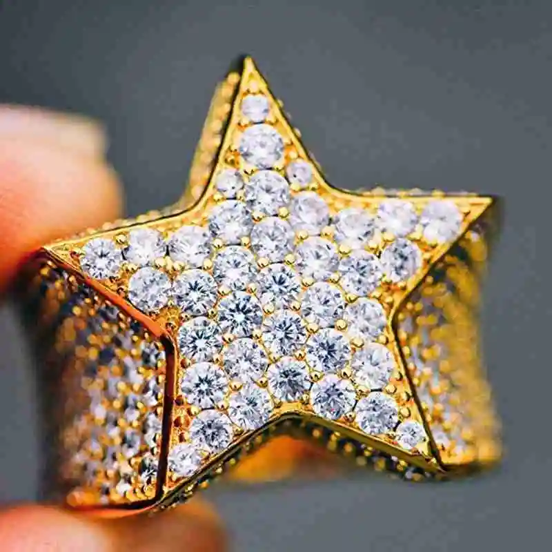 Milangirl New Hip Hop Rock Five Star Rings Men Luxury Gold Silver Color Rhinestones Zircon Pentagram Rings Women Wedding Party