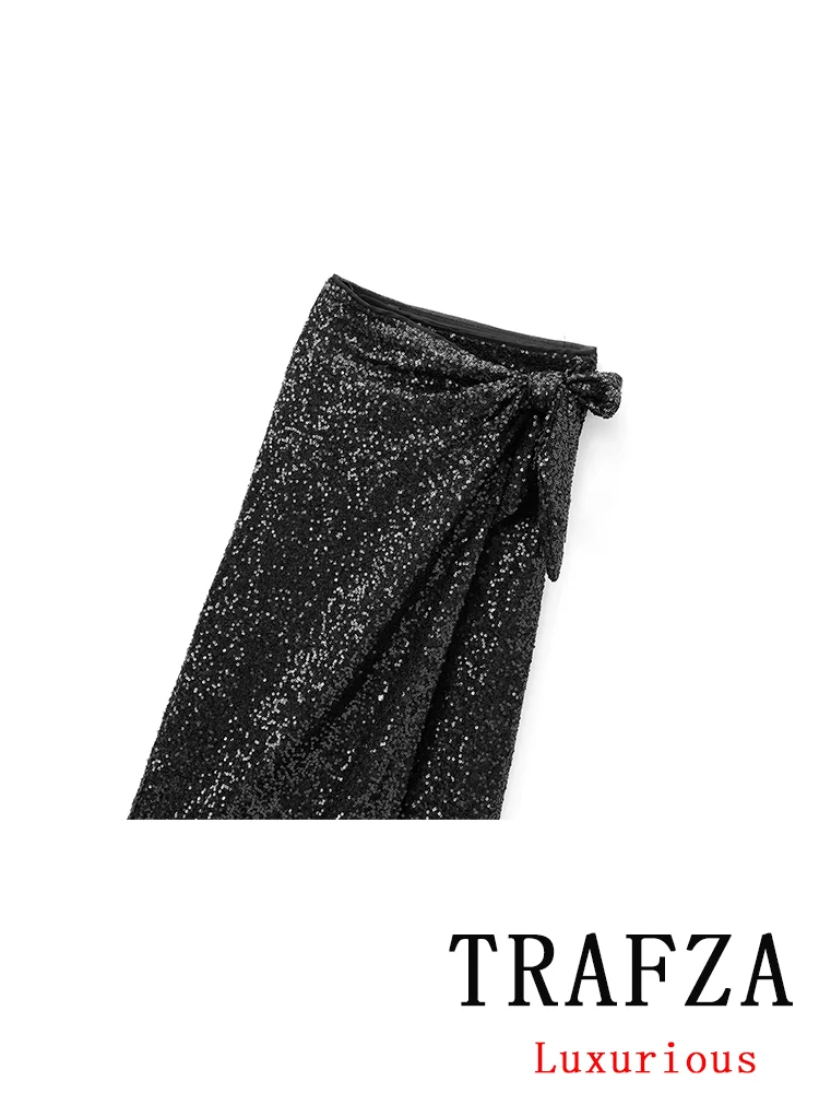 TRAFZA Vintage Casual Chic Women Skirt Sequined Bow Lace-up Long Wrap Skirt New Fashion 2024 Autumn Winter Holiday Party Skirts