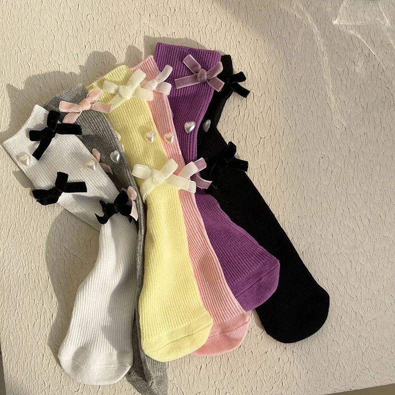 1 Pair Korean Chic Calf Sock for Kids Girl Sweet Fashion Bow Heart Style Sock Spring Soft Cotton School Girl Pile Sock One Size