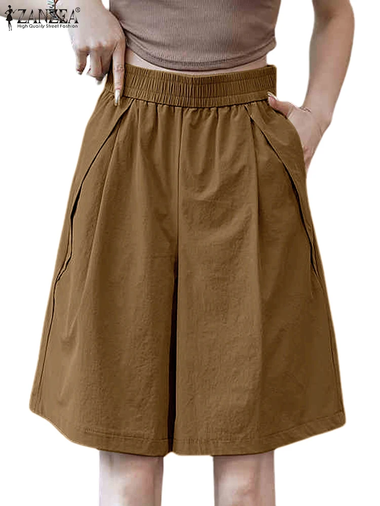 ZANZEA Women Pocket Short Pants Fashion Solid Color Loose Shorts 2025 Causal Elastic Waist Pleats Trousers Summer Holiday Bottom