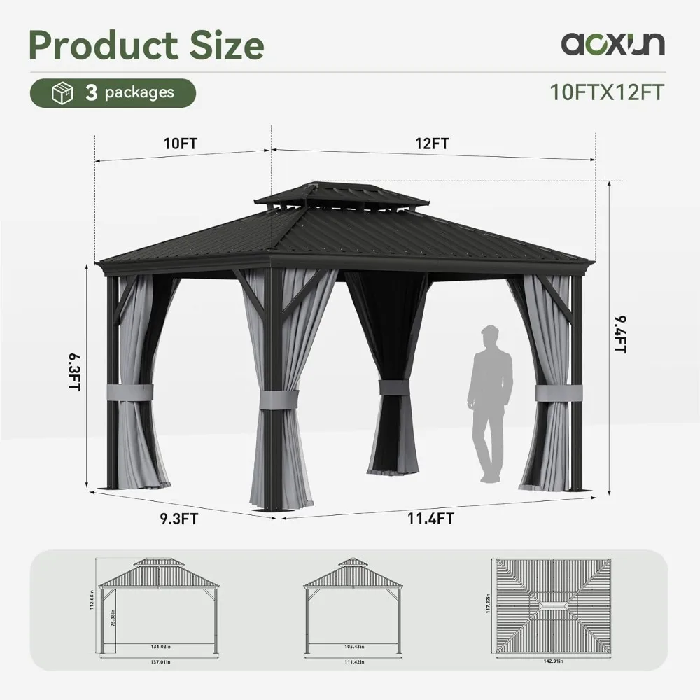 10' X 12' Hardtop Gazebo, Galvanized Steel Double Top, with Privacy Curtains, for Parties, Gardens, Patios, Outdoor Metal Gazebo