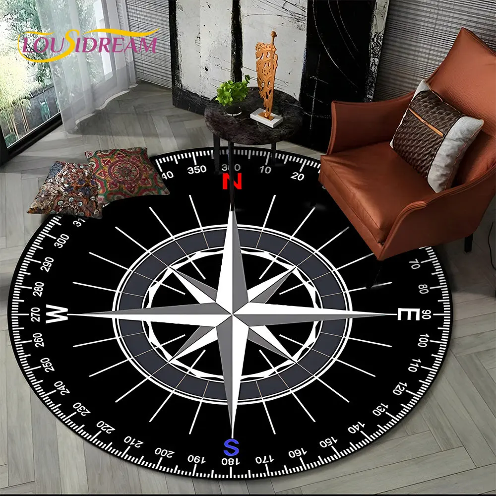 3D Retro Compass Series Circle Area Rug,Round Carpet Rug for Living Room Bedroom Sofa Foot Pad Decor Non-slip Floor Mat Gift