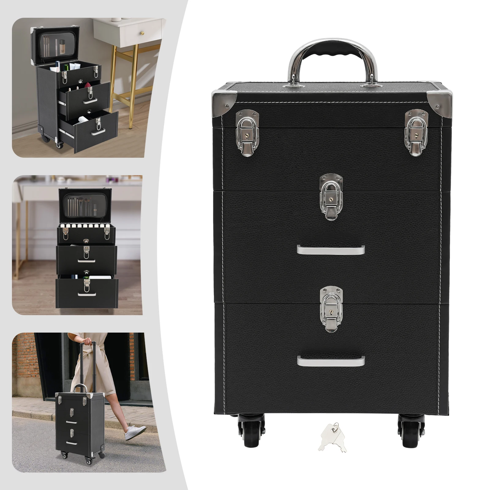 

Professional Rolling Makeup Case with Drawers 45 Slots Nail Polish Organizer Silent Universal Wheels for Makeup Artist Stylist