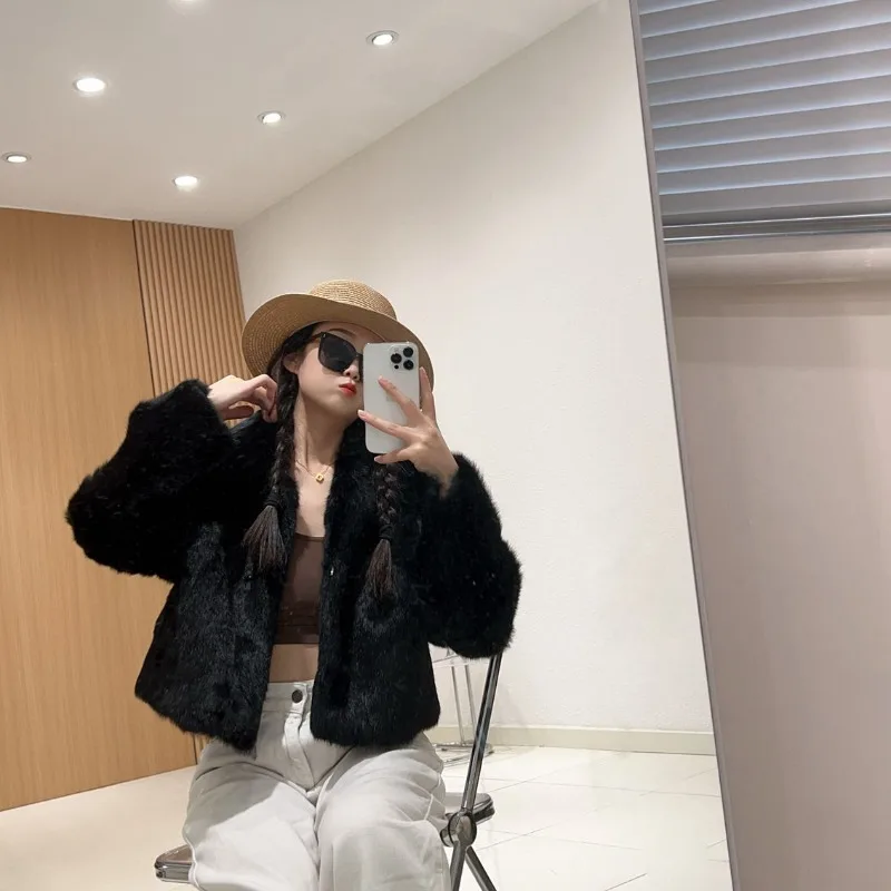 Women's Clothing Retro Rabbit Fur Full Fur One Piece Short Coats High-end Coat Autumn Winter New Real Fur Coat Long-sleeved Top