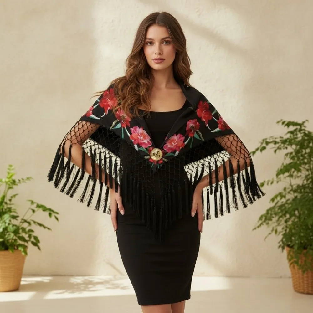 Retro Women's Floral Scarf Floral Print Fringed Fringed Bandana Floral Patterns Embroidery Design Scarf Wrap Autumn Winter