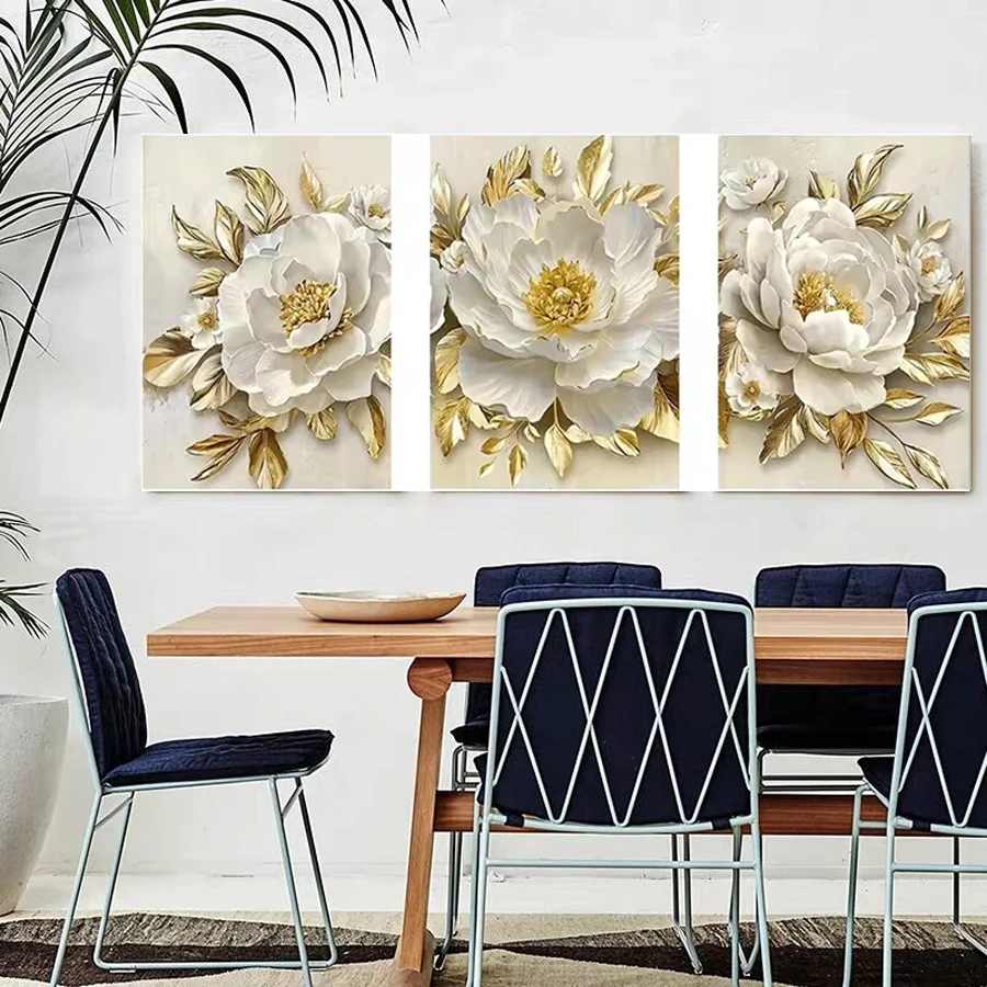 

Golden Leaves White Flowers Picture Diy Diamond Painting White poppy Triptych Full Drill Mosaic Embroidery Kits 3 pcs home decor