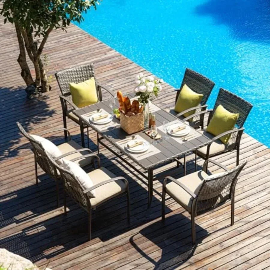8504 Patio Dining, Outdoor Wicker Furniture Set for Backyard Garden Deck Poolside/Iron Slats Table Top, Removable Cushions, 7 P