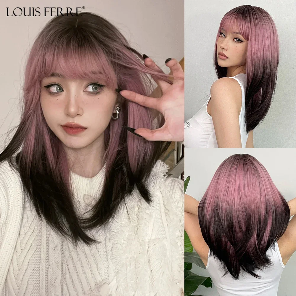 

LOUIS FERRE Black Pink Ombre Synthetic Wigs for Cosplay Long Straight Layered Wigs with Bangs for Women Heat Resistant Fake Hair