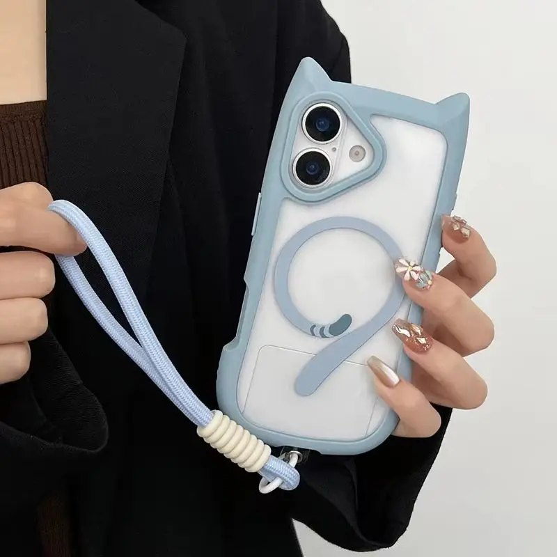 Sweet Pastel Magnetic Cat Tail 3D Ear Clear Phone Case for 17 Pro Max Braided Wrist Strap Protective Cover for iPhone 16 15 14