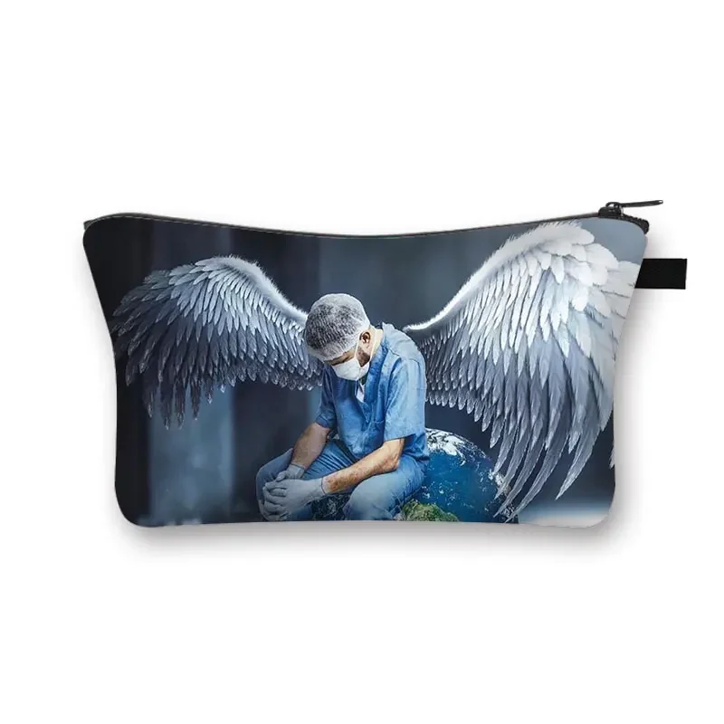 Thank You Doctor & Nurse Cosmetic Case Women Makeup Bags Ladies Storage Bags for Travel  Nurse with Angel Wings Mini Handbag