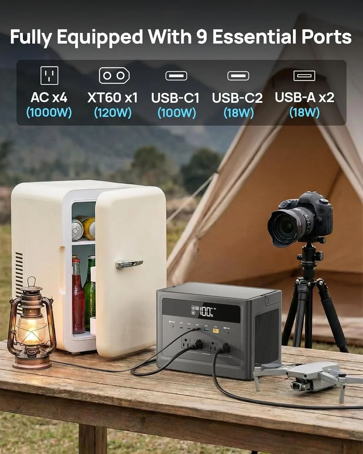 

Hot sale!2026 Portable Power Station 1000W (Surge 2000W), 576Wh LiFePO4 Battery Solar Generator