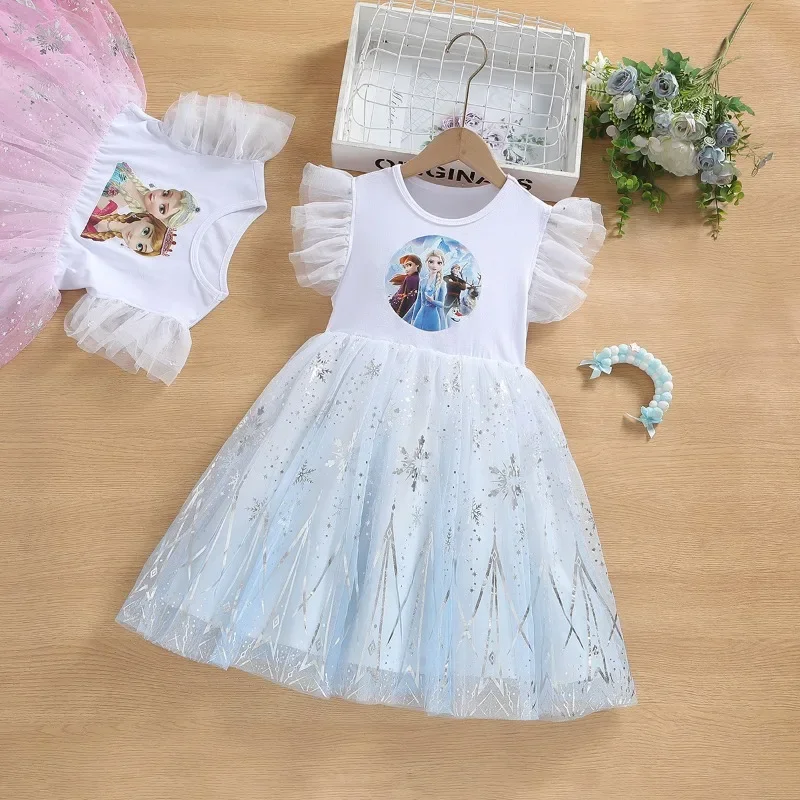 New Summer Kids Vestidos Cotton Wedding Clothes Pajama Tops Baby Girls Dresses Cartoon Frozen Elsa Print Princess Party Dress