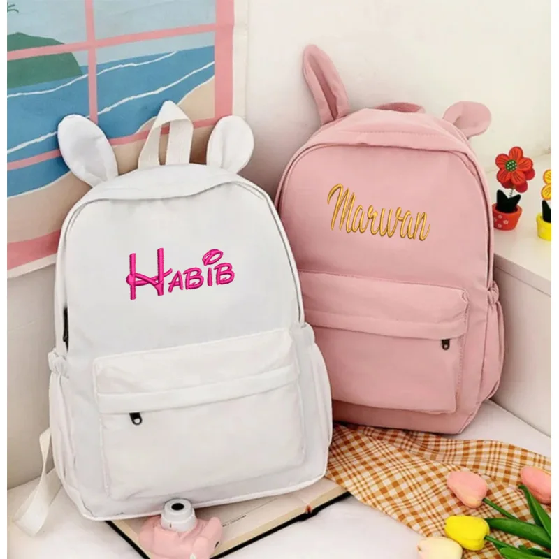 Custom Name Solid Color Rabbit School Student Backpack Personalized Kids Fashion Large Capacity Schoolbags Lightweight Backpack