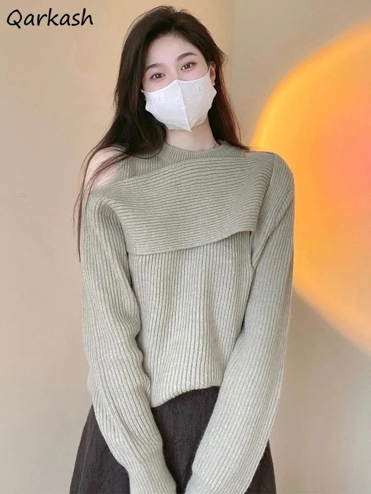

Pullovers Women Irregular Soft Turtleneck Halter Top Korean Style All-match Elegant Collarbone Charming Winter Sweaters Hot Ins