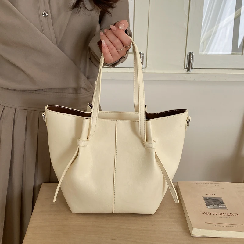 

Korean Minimalist Women Bucket Bag Soft PU Leather Tote Bag Large Capacity Multi Function Shoulder Bag for Commute