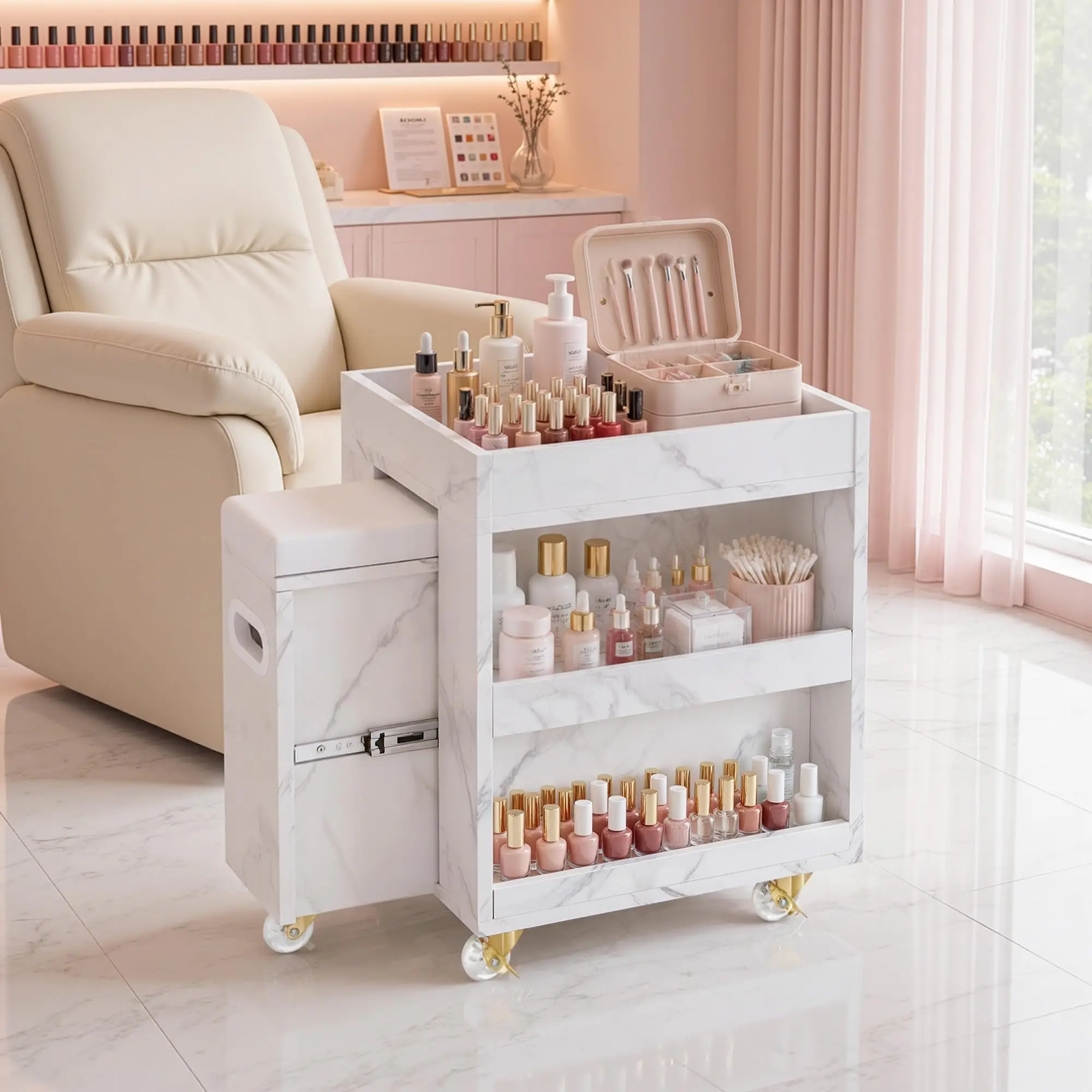 BarberPub Storage Pedicure Cart, Lockable Mobile Foot Nail Trolley 2091
