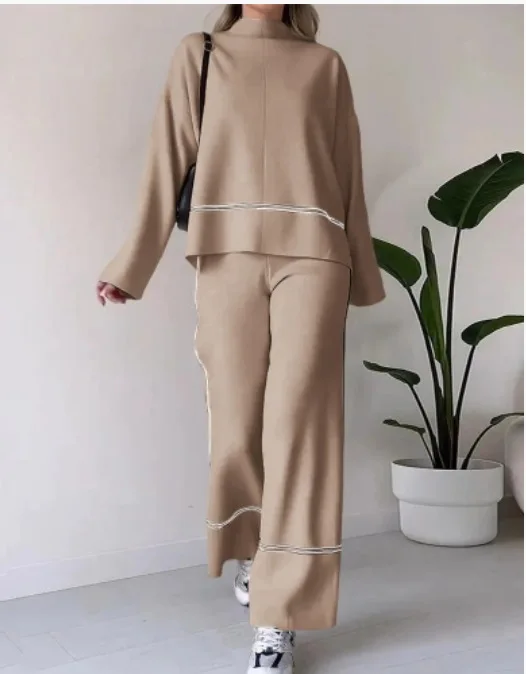 Women Panelled Knit Pullover Pants Home Suit Long Sleeve Turtleneck Top Wide Leg Pants Female 2 Piece Set Loose Lady Outfits New