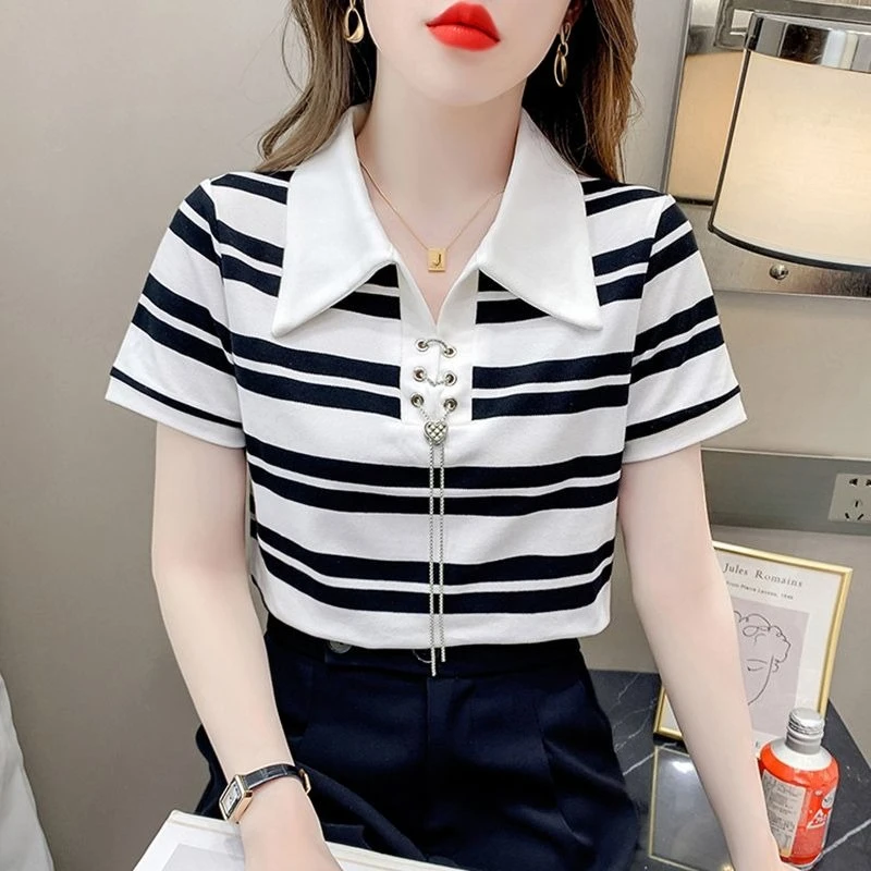 2026 Summer New Arrival Striped Collar Short Sleeve Women's T-shirt Korean Style Loose Fit Slimming Youthful Chic Top
