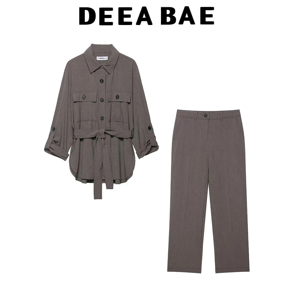 DEEABAE Set aus verstellbarem Hemd mit Ärmelbund und hoher Taille, Nähdekoration und geradem Bein