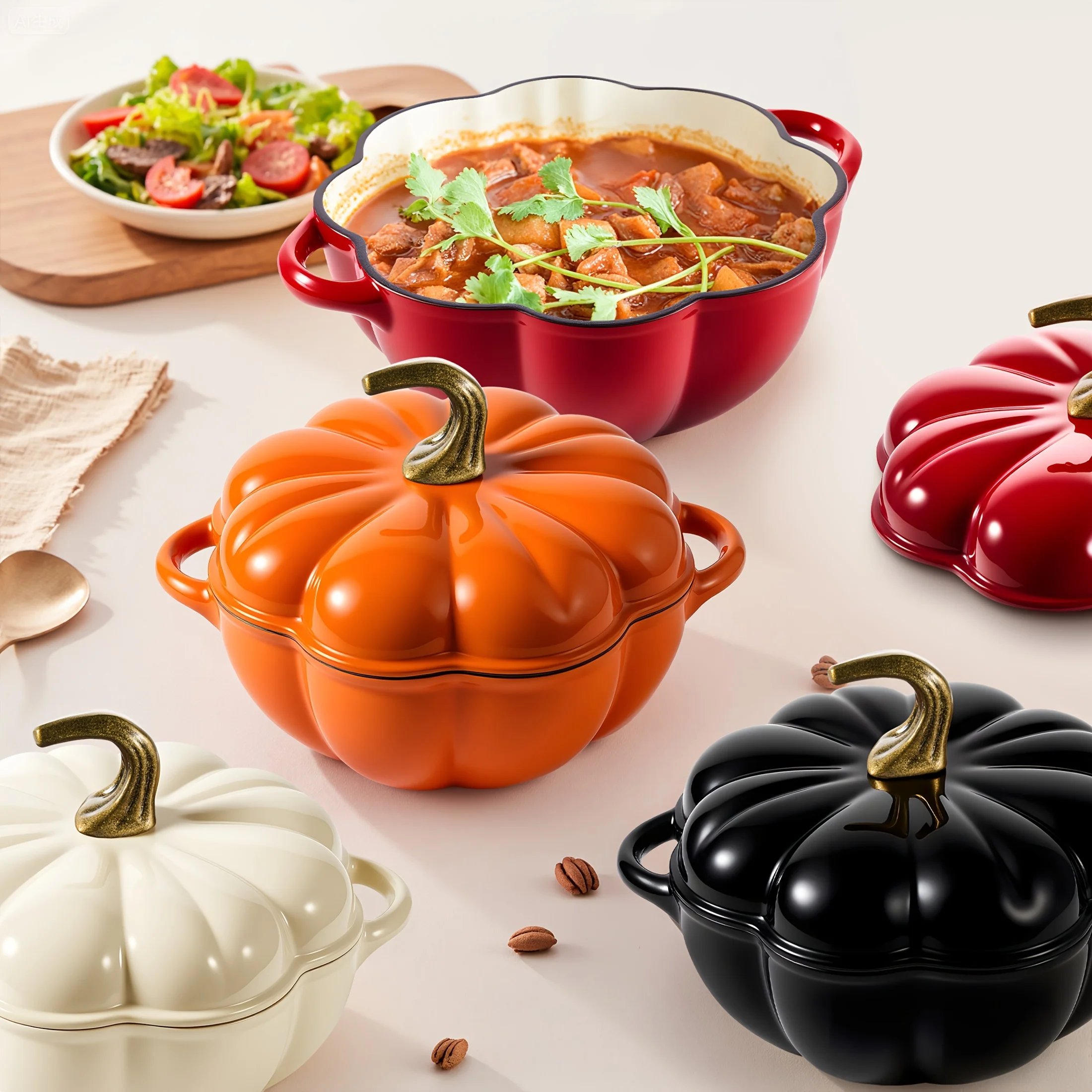 

4.5QT Pumpkin Cast Iron Pot, Enameled Dutch Oven Pot with Lid, Cast Iron Dutch Oven with Dual Handles for Bread Baking, Cooking, Non-Stick Enamel Coated Cookware, Christmas Gift, from Local Warehouse