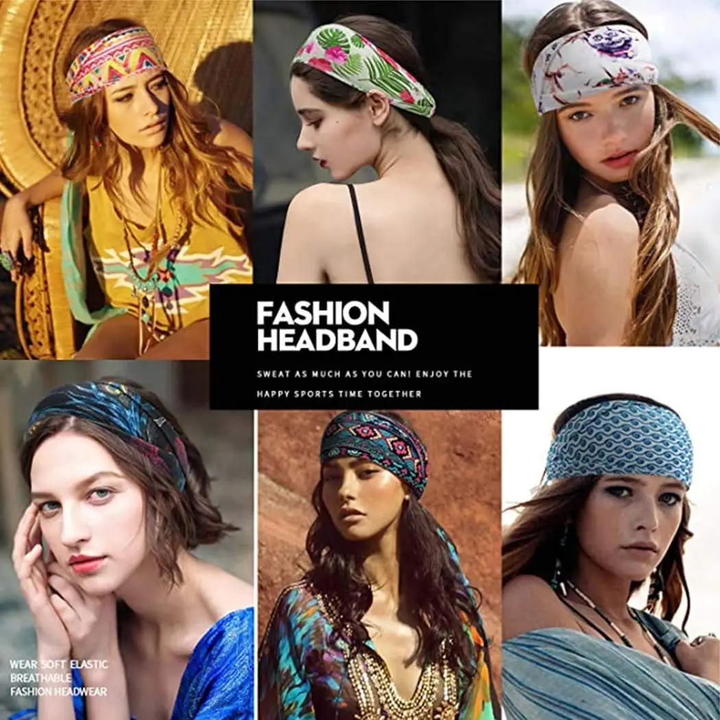 Wide Boho Headbands for Women Girls Elastic Turban Headwrap Knot Non-Slip Hairbands Sport Yoga Running Headband Hair Accessories