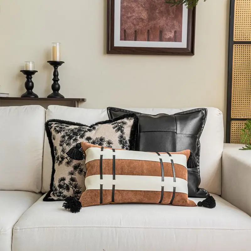 medieval style beige black and coffee color cushion cover sofa brown throw pillow cover decorative black pu pillowcase