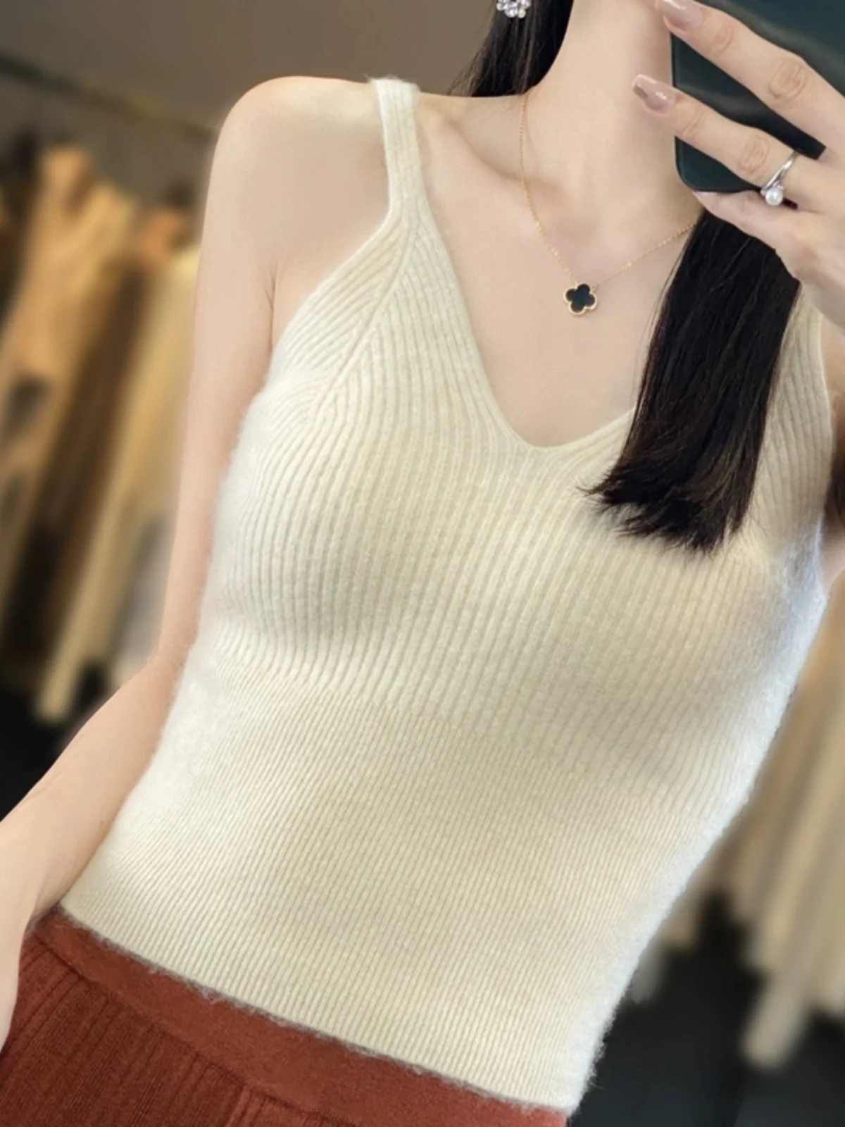 2024 Women V-neck 100% Wool Short Tank Ribbed Camisole Slim Fit Soft Spring Inner Match Y2k Knitted Sleeveless Sweater Crop Tops