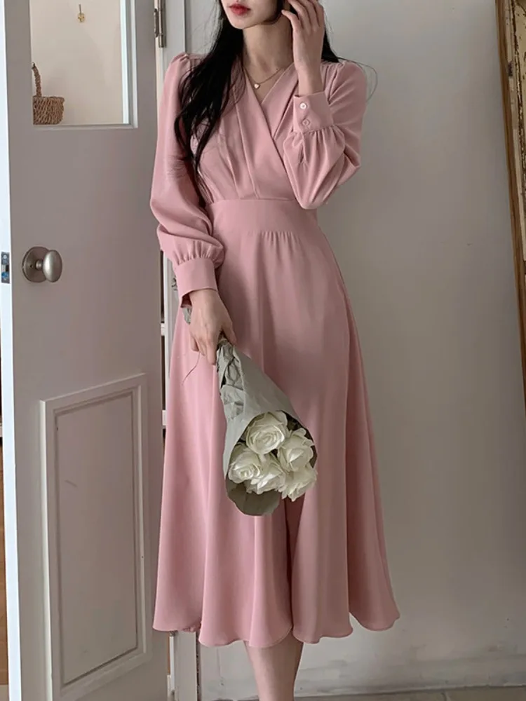 

Ele Autumn New Sle Women's Dr Chic V-Ne Cross Long Sve A-Line Skirt Slimming Waist Design Pure Color Sweater