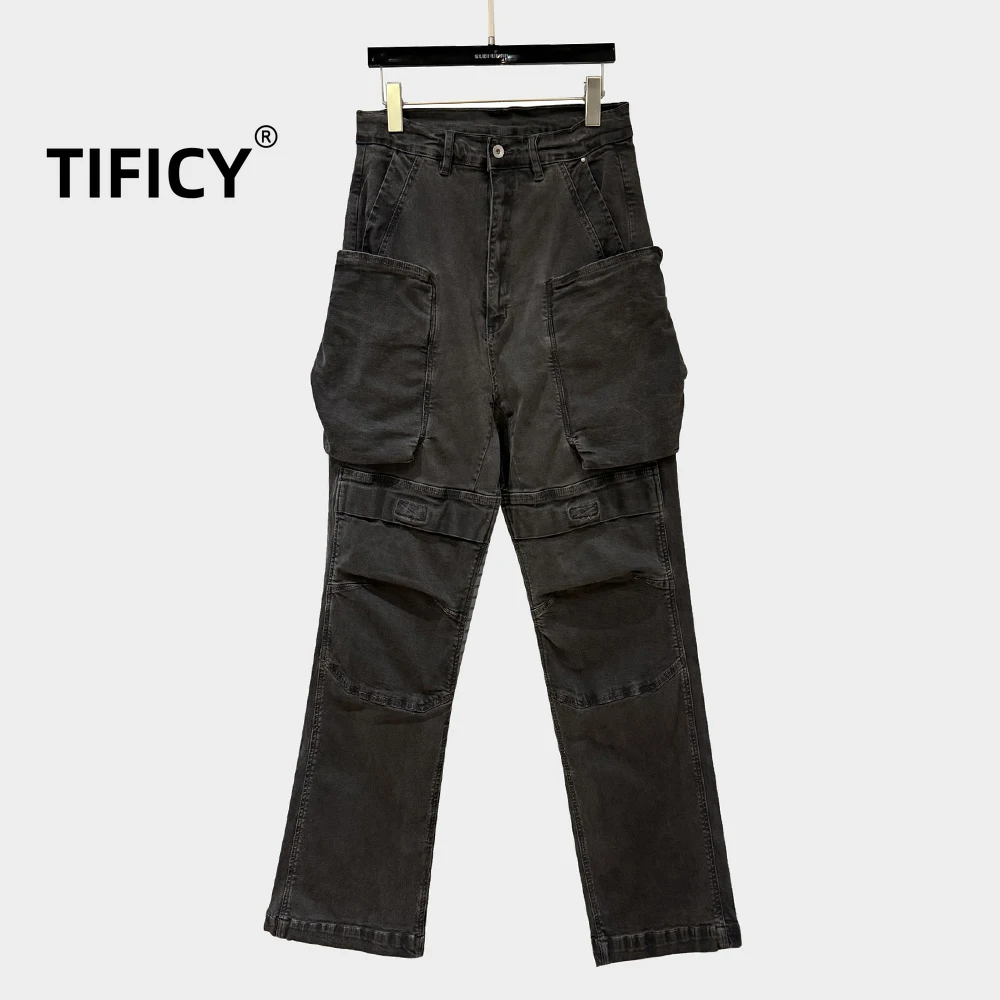 

High Street RO Dark Denim Pant Men's Dirty Wash Multi Pocket Workwear Jeans American High Street Streetwear Pants