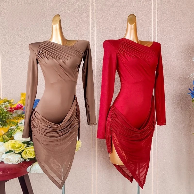 

Autumn/Winter Dance Dress Wine Red Coffee Daily Latin Practice Dress Long Sleeve Dress