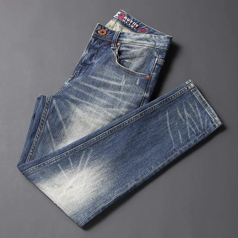 European Trendy Fashion Men Jeans High Quality Retro Blue Elastic Slim Fit Ripped Jeans Men Vintage Designer Denim Pants Hombre