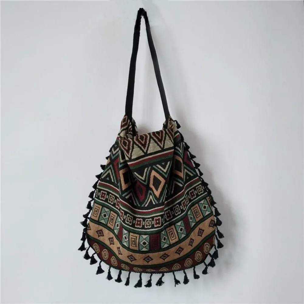 Bolso de hombro Vintage de estilo étnico, bolso de hombro con flecos, textil suave, de algodón, con borlas