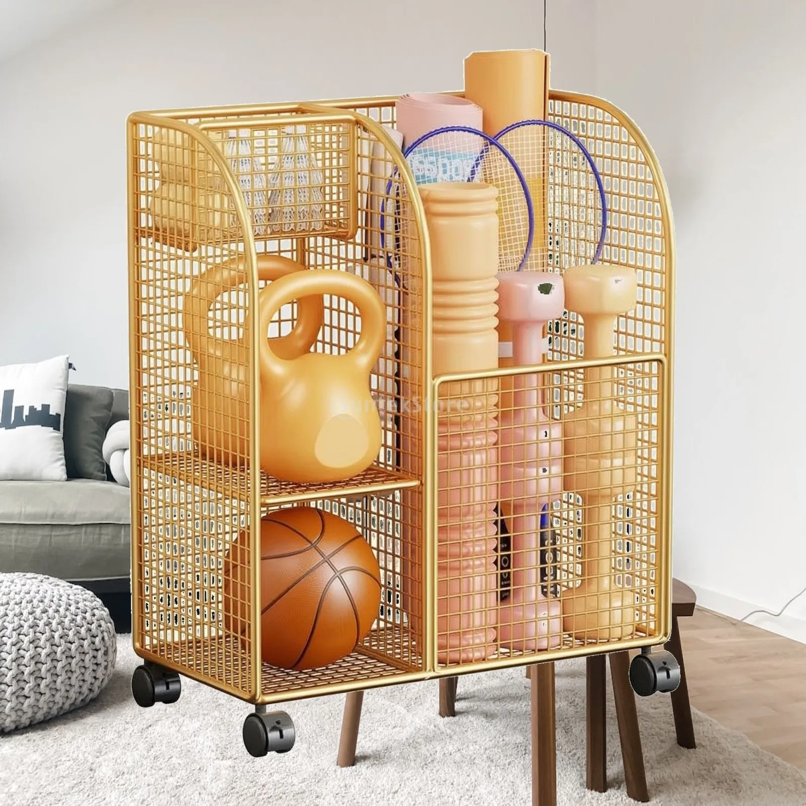 Exercise Equipment Organizer Rack with Arched Panels for Dumbbells and Rackets for Home Gym Use As Compact Sports Gear Holder