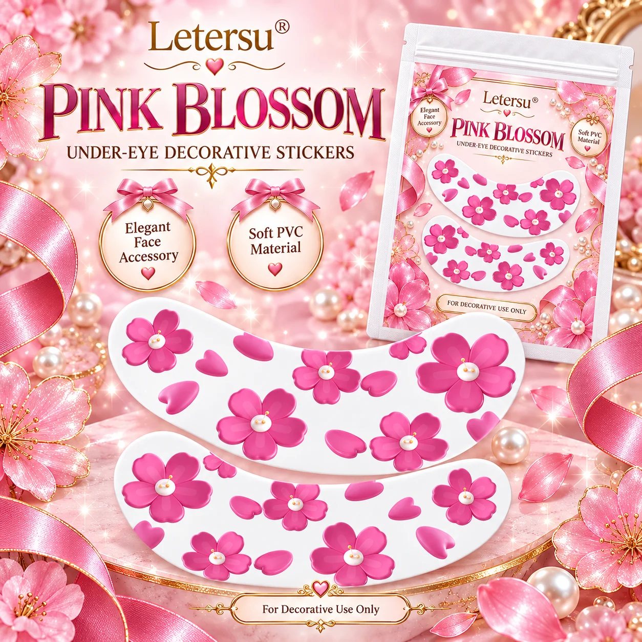 4PCS Pink Cherry Blossom Under Eye Stickers, Cute Sakura Eye Patches, Floral Face Makeup Accessories for Women, Party Photos