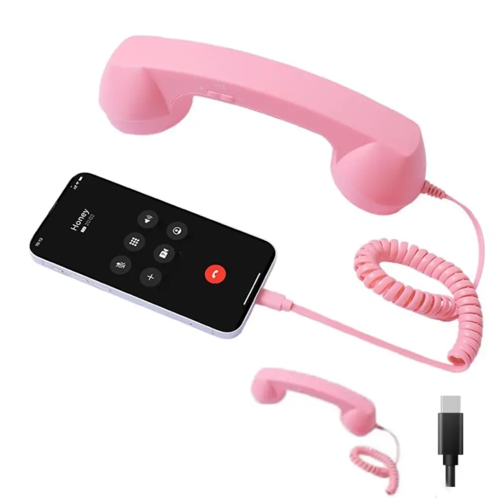 with Microphone Phone Handset Telephone Style Type-C Landline Handle Receiver Tangle Free Wire Handheld Cell Phone Receiver