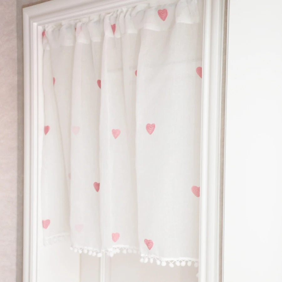 Cartoon Cute Pink Heart Sheer Tulle Short Curtains with Pom-pom lace Bay Window Half Curtains For Girls Bedroom Kitchen Doorway