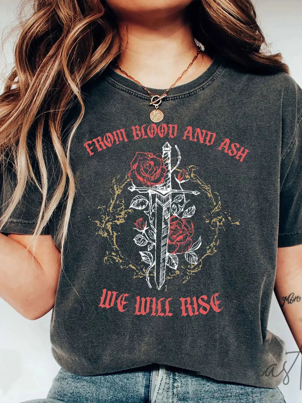 From Blood and Ash We Will Rise Crewneck Shirt Book Lover Gift 100%Cotton Vintage Washed Oversized Tee For Unisex Y2K Streetwear