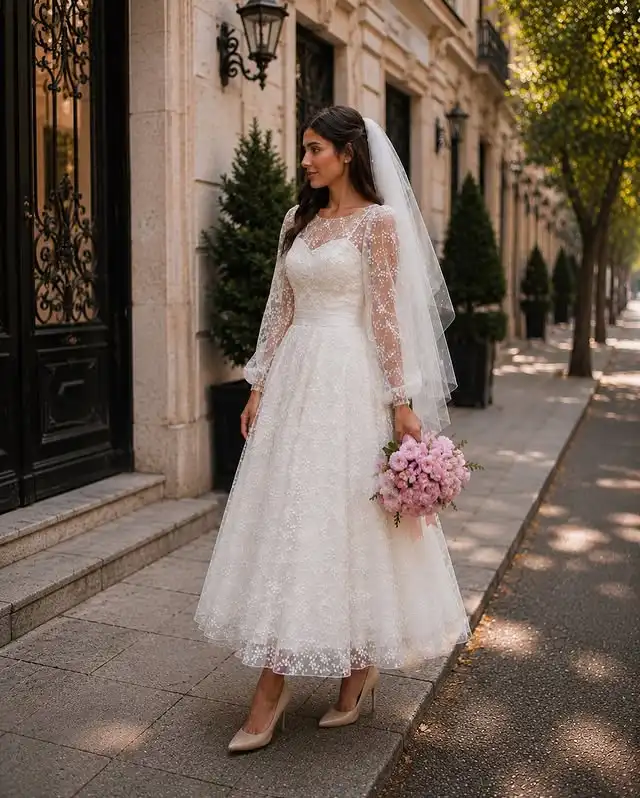 Customized Illusion Neck Tea Length Wedding Dress Lace Midi Bridal Gown with Lantern Sleeve Civil Elopement Bride Dresses