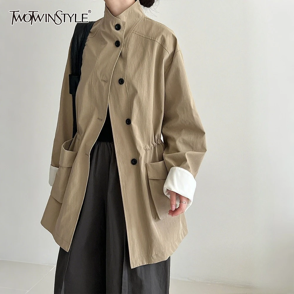 

TWOTWINSTYLE однотонная куртка с карманами, женская водолазка с длинным рукавом, свободные винтажные повседневные женские куртки, осенняя мода, новинка