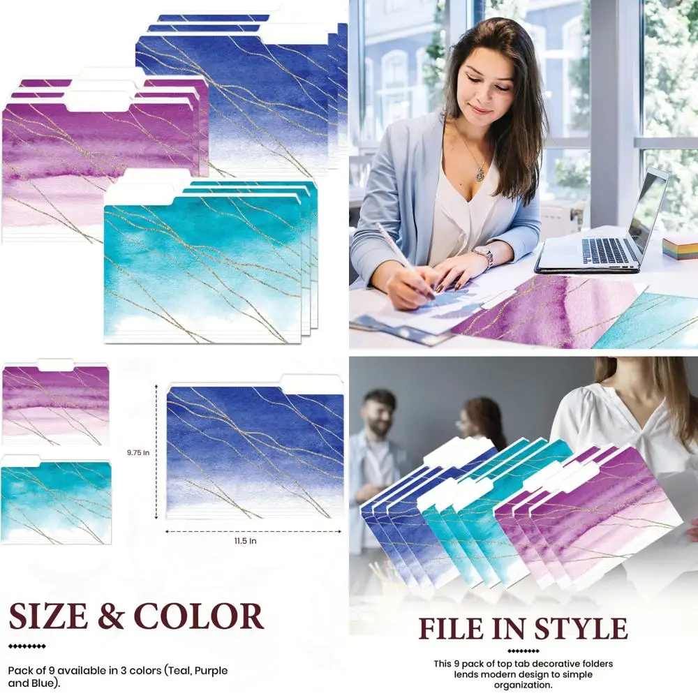 

9 decorative file folders for women – cute watercolor and gold design colored file folder letter size 1/3 cut tabs - office supp