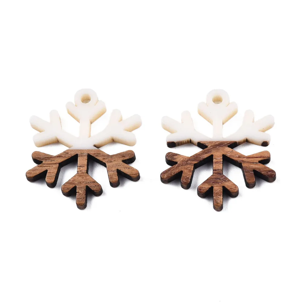 20Pcs Resin Wood Charms with Gold Foil Christmas Snowflake Wooden Resin Effect Dangle Pendants for Jewelry Making DIY Earrings