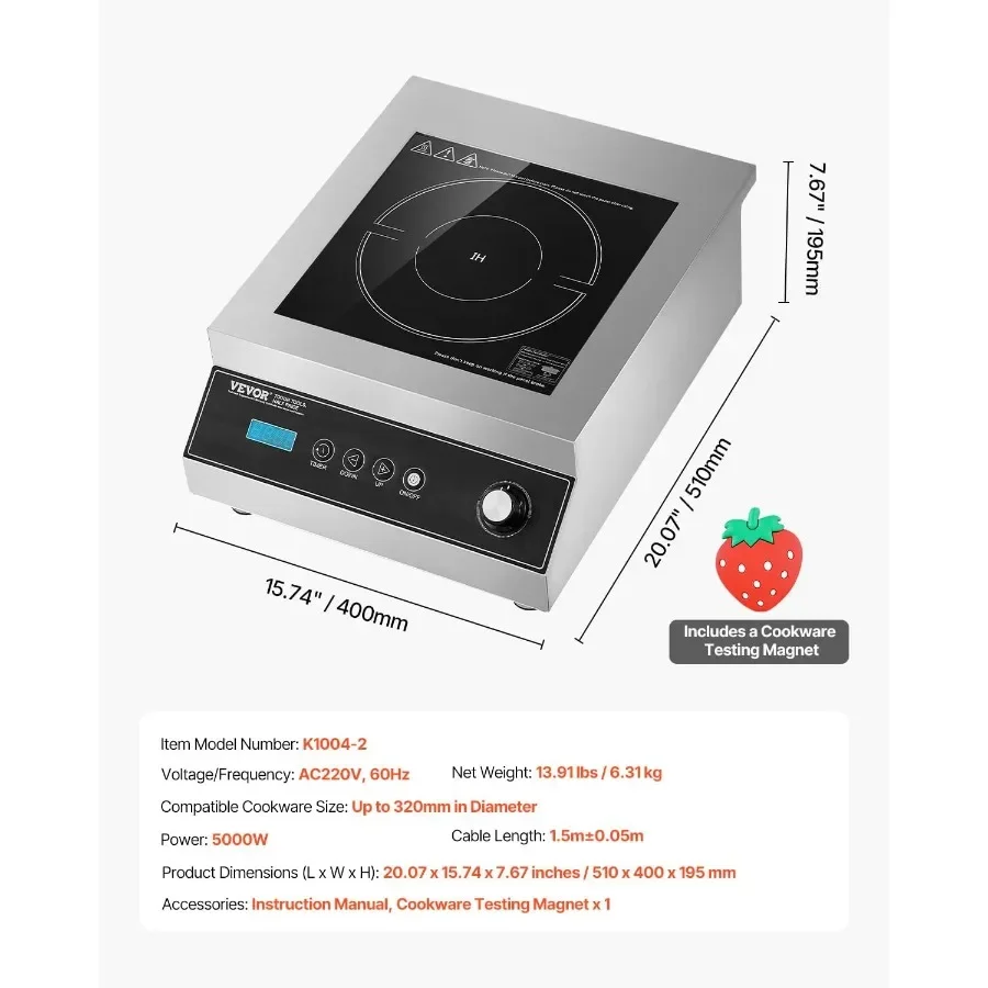 Portable Commercial Cooktop 5000W Induction Burner with 16 Temperature Settings for Efficient Kitchen Use Stainless Steel Count