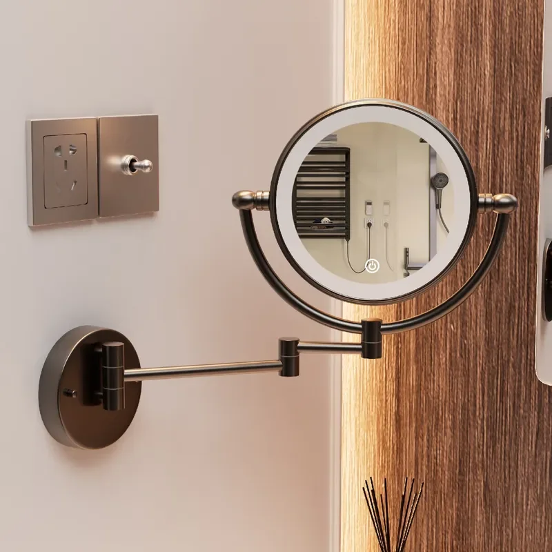 Gun gray folding led bathroom mirror hotel wall-mounted mirror with light bathroom enlarged beauty mirror telescopic