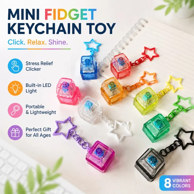 Mini Keychain Toy, DIY Keyboard Keycap Stress Relief Clicker with Light, Plastic Portable Keyring Gift for Adults Kids