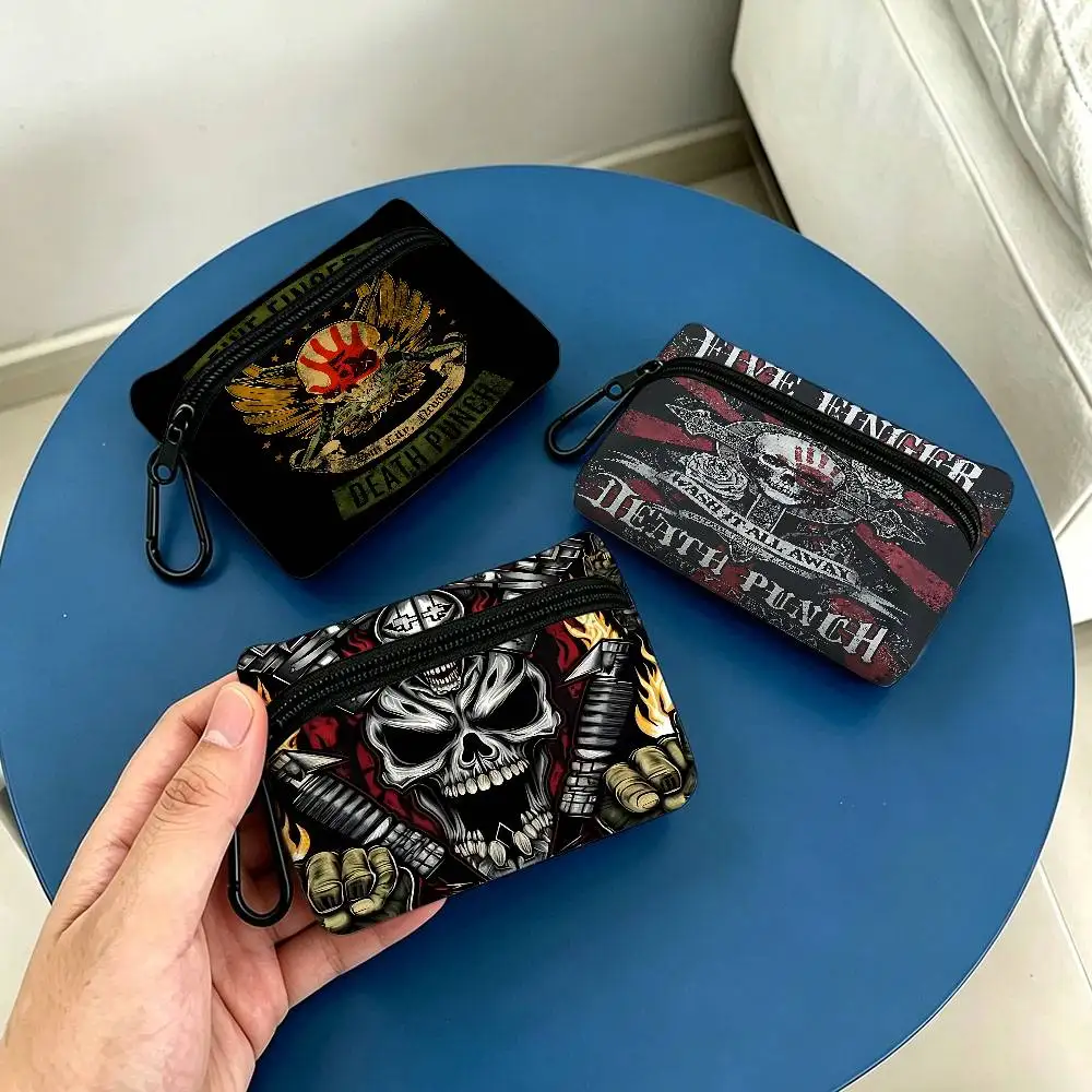Vintage F-Five Finger Death Punch Compact Oxford Cloth Zipper Pouch Detachable Carabiner Mini Coin & Key Wallet