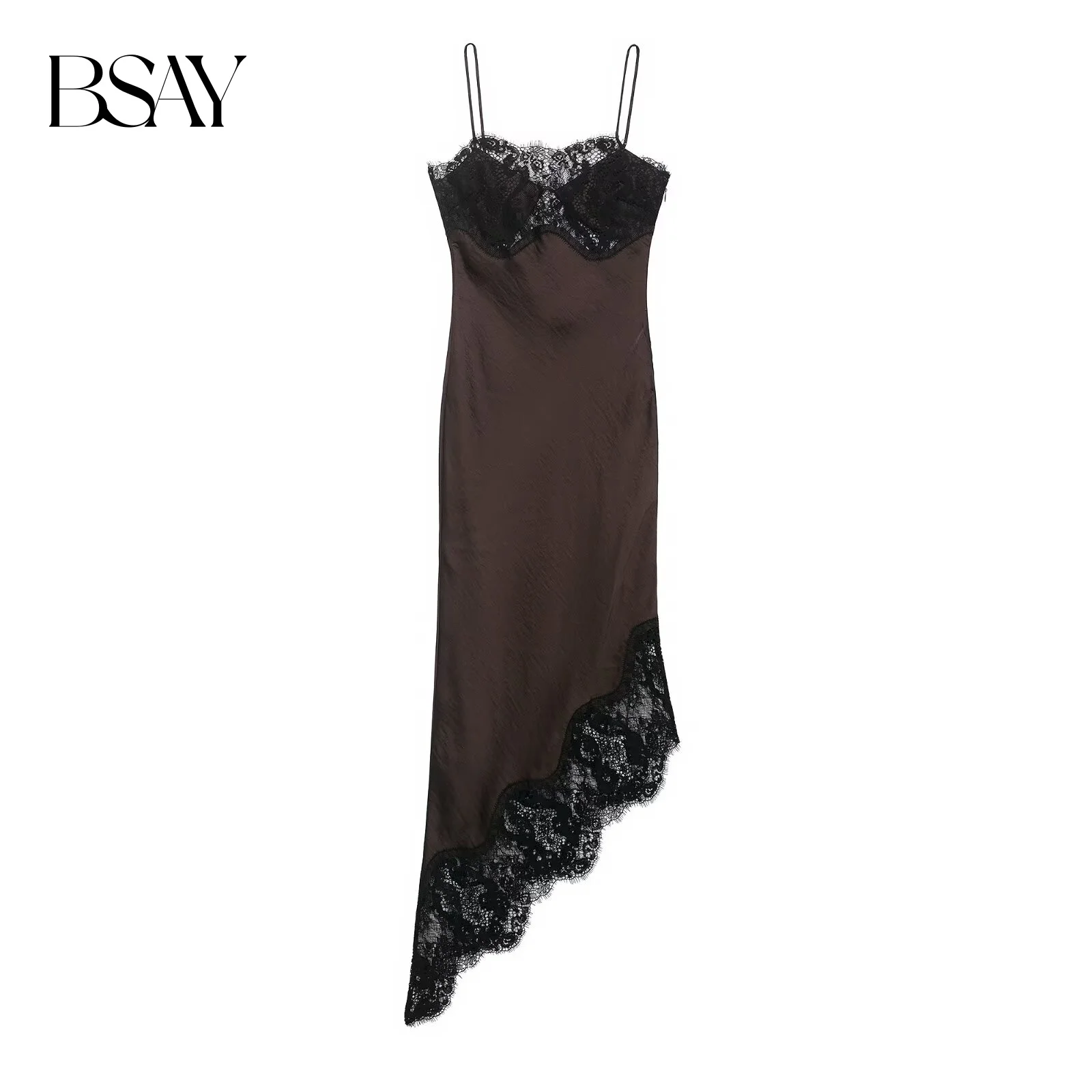 BSAY Kanten Asymmetrie Satijnen Jurk voor Dames Mode Herfst Winter Backless Sling Midi Jurken Franse Chique Vrouwelijke Avondkleding