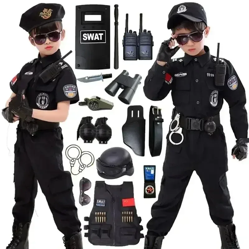 

New Kids Uniform Police Costumes Cosplay Kids Police Top Pants Hat Dress Boys Girls Police Clothes Halloween Christmas Gift