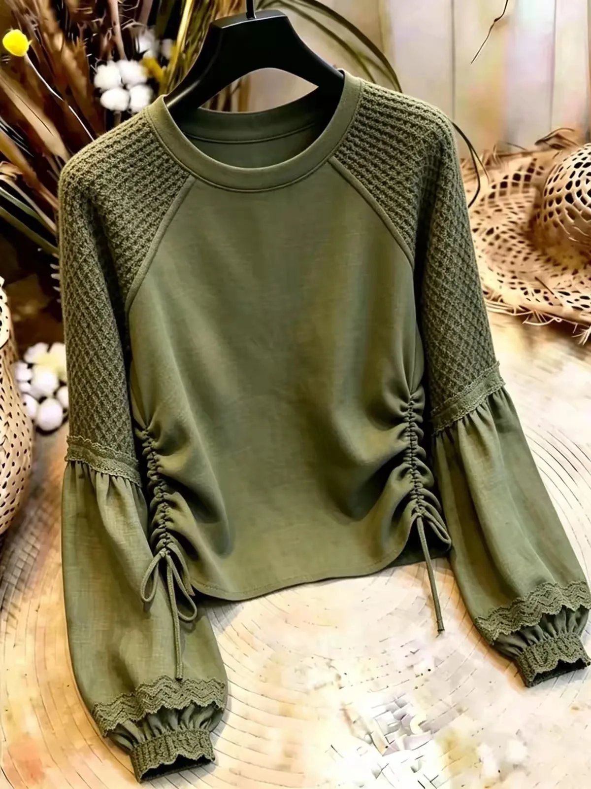 Women's Long Sleeve Drawstring Waist Shirt Green Slimming Versatile Workwear Style Loose Fit Lantern Sleeve round Neck Top